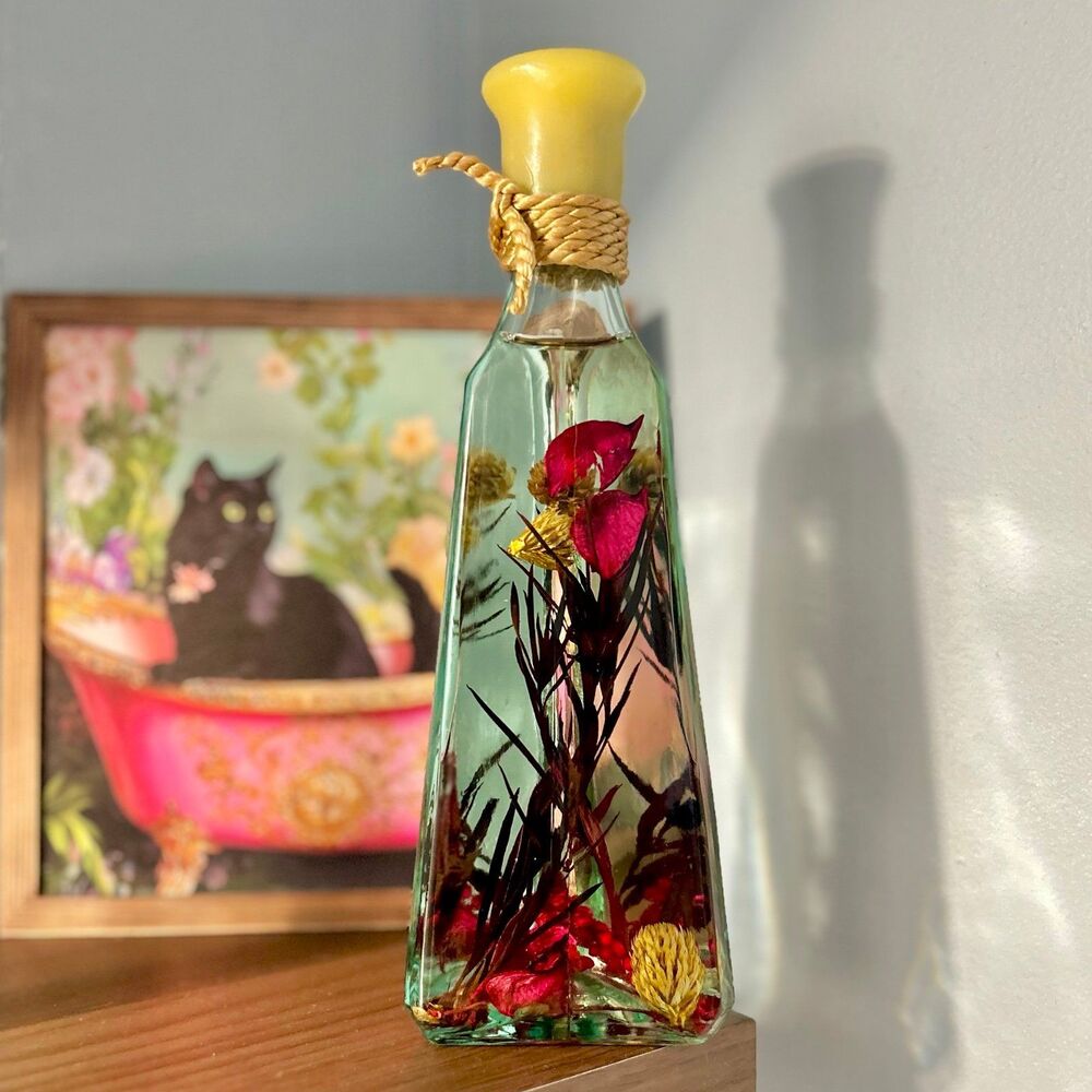 VTG Preserved Faux Florals Encased In Water Filled + Corked Glass Bottle